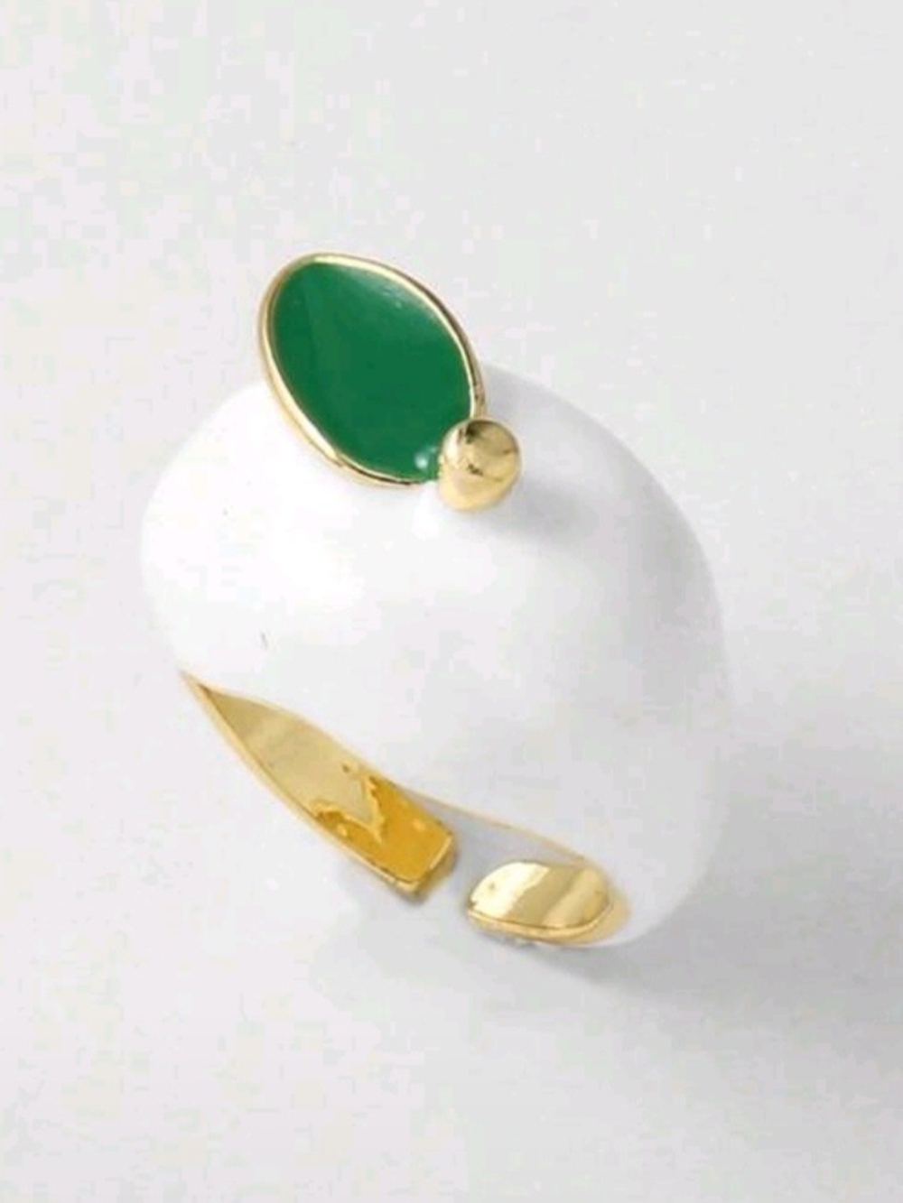 White Enamel Apple Ring with Green Teardrop and Gold Detail